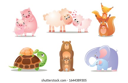 Set of cute cartoon animals with their kids. Vector illustration in flat cartoon style.