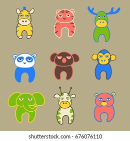 Set of cute cartoon animals with tired faces.