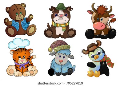 set of cute cartoon animals and toys
