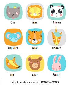 Set of cute cartoon animals. Vector illustration