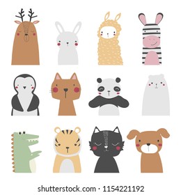 Set of cute cartoon animals. Vector hand drawn illustration.