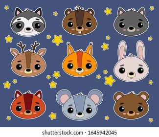 Set of cute cartoon animals. Vector set for design, stickers, postcards. Sleepy babies. The sky with stars.