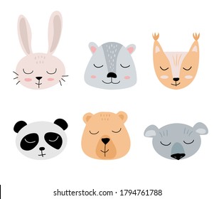 Conjunto de lindos animales de dibujos animados. Ilustración vectorial para tarjetas de bebé, textiles, tela, vivero, papel.