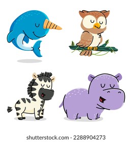 Set of cute cartoon animals vector illustration. Narwhale, Zebra, Hippo, Owl