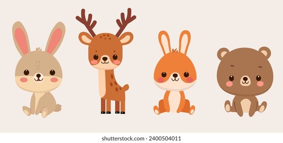 Set of cute cartoon animals. Vector illustration with deer, bear, bunny.