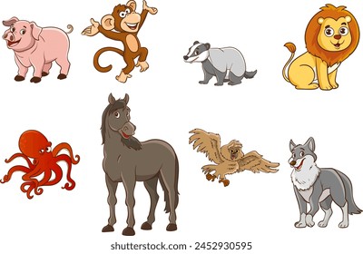 Set Of Cute Cartoon Animals.Big vector set with cartoon applied animals. Vector collection with mammals.