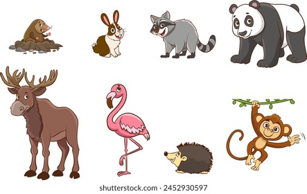 Set Of Cute Cartoon Animals.Big vector set with cartoon applied animals. Vector collection with mammals.