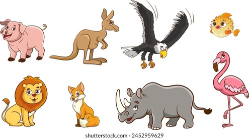 Set Of Cute Cartoon Animals.Big vector set with cartoon applied animals. Vector collection with mammals.