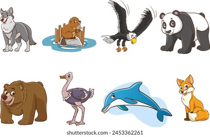 Conjunto de dibujos animados lindos Animals.Big Vector conjunto con dibujos animados animales aplicados. Vector colección con mamíferos.