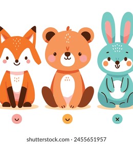 Un conjunto de animales de dibujos animados lindos. Imágenes planas de Vector de animales para postales, invitaciones, textiles, impresión térmica, varios tipos de Clipart de impresión