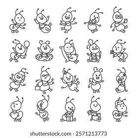 Set of cute cartoon ant characters with various emotions and activities including cooking, sleeping, greeting, celebrating, kissing, holding gift, using smartphones and wearing festive accessories