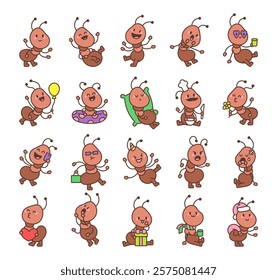 Set of cute cartoon ant characters with various emotions and activities including cooking, sleeping, greeting, celebrating, kissing, holding gift, using smartphones and wearing festive accessories