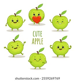 set of cute cartoon apple characters with emotions isolated on white background. Green apple in different poses. Funny fruit. Vector illustration.