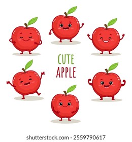 set of cute cartoon apple characters with emotions isolated on white background. Red apple in different poses. Funny fruit. Vector illustration.