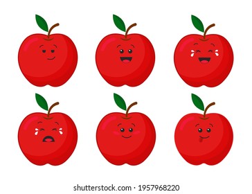 Set of cute cartoon apple with different emotions. For sticker, patch, phone case, poster, t-shirt, mug and other design. Vector illustration on white background.