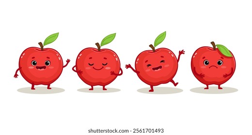 set of cute cartoon apples characters with emotions. Happy and sad apple isolated on white background. Red apple in different poses. Funny fruit. Vector illustration.
