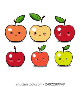 Conjunto de adorables manzanas de dibujos animados con diferentes emociones y expresiones. Ilustración del vector