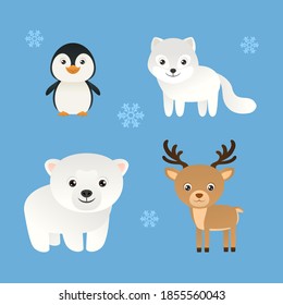 Set of cute cartoon arctic animals. Vector simple illustration of polar bear, penguin, reindeer and arctic fox. Children's style.