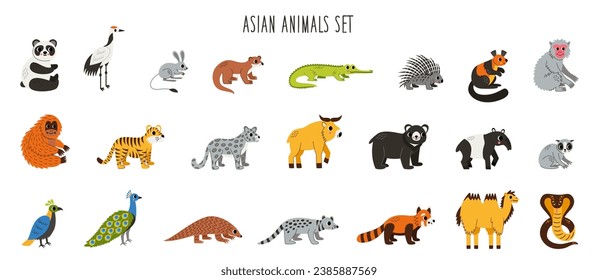 Set of cute cartoon Asian animals isolated on white background. Collection of Asia continent fauna.