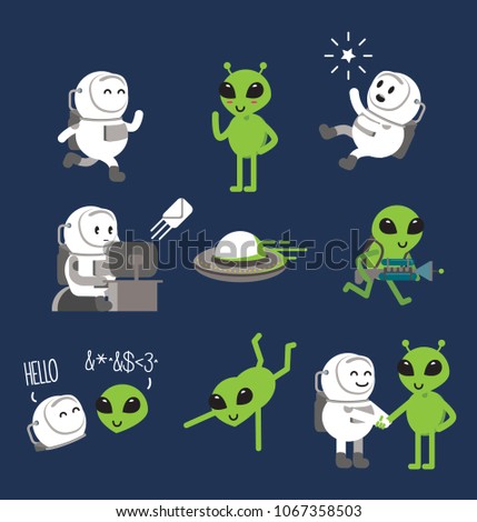 A set of cute cartoon astronaut and alien in various action, running, shaking hand, reaching star, sending email and chating