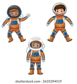 Set of Cute Cartoon Astronaut Boys in Orange Suits