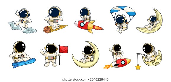 Set of Cute Cartoon Astronaut Character. Adorable Space Explorers in Colorful Spacesuits for Kids Posters, Stickers, Children’s Books, Prints, and Educational Materials. Vector illustration