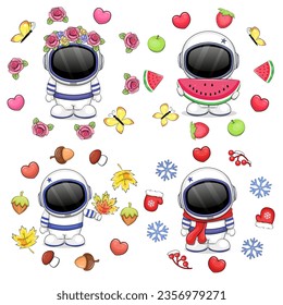 Set of cute cartoon astronauts with four seasons frames. Spring, summer, autumn and winter vector illustration with hearts, flowers, fruits, harvest and snowflakes on white background.