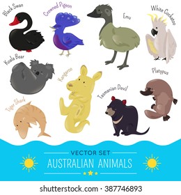 Set of cute cartoon australian animal icon. Vector illustration for Australia fauna design. Black swan Koala bear tiger shark kangaroo crowned pigeon emu tasmania devil platypus cockatoo white parrot