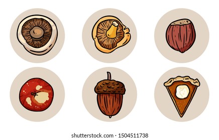 Set of cute cartoon autumn elements. Isolated logo graphic glyphs. Mushrooms, acorn, apple pumpkin pie