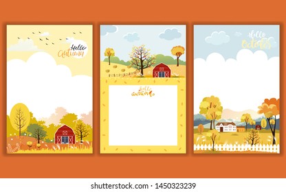 Set of Cute cartoon Autumn landscape farm fild with copy space, Vector Hello Autumn with forest tree, Autumn or Fall season for Banner, Sale, Card and template background 