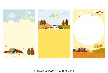 Set of Cute cartoon Autumn landscape farm fild with copy space, Vector Hello Autumn with forest tree, Autumn or Fall season for Banner, Sale, Card and template background 