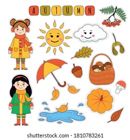 Set of cute cartoon autumn stickers with girl, leaves, mushroom baskets, clouds, umbrella, pumpkin. Vector illustration for sticker print, postcard, scrapbooking