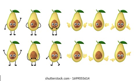 Set of cute cartoon avocado fruit vector character set isolated on white background