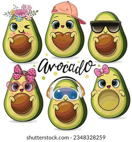 Set of Cute Cartoon Avocados isolated on a white background