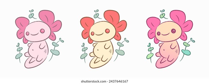 Set of cute cartoon axolotl drawing. Collection of little kawaii pink salamander character isolated on white background. Vector illustration