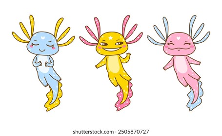 Set of cute cartoon axolotles isolated on white - funny animals for Your happy design