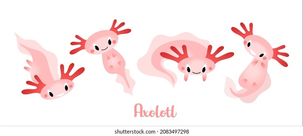 A set of cute cartoon axolotls, aquatic animals, amphibians. Cute characters with different emotions, vector illustration in a flat style.