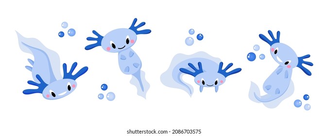 A set of cute cartoon axolotls, aquatic animals, amphibians. Cute characters with different emotions, vector illustration in a flat style.