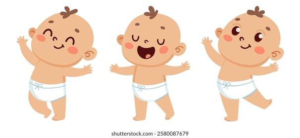 Set of cute Cartoon Babies Expressing Joy and Happiness in Different Poses for Children's Illustration and Design Projects