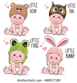 Set of Cute Cartoon Babies in hats of different animals