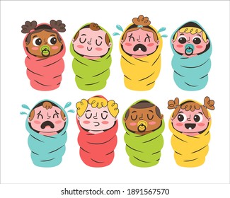 Set of cute cartoon babies isolated on white background. Baby avatar collection. Different ethnicities and genders.