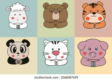 Set cute cartoon baby animals heads. Graphic element collection for kids, greeting card, cover, sticker, patch, phone case, poster and t-shirt. Vector illustration.