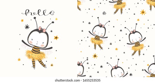 Set of Cute cartoon baby bee ballerina with seamless pattern. Hand drawn vector illustration