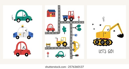 Set of cute cartoon baby boy posters with tractor, police car, taxi, house, excavator in cartoon style. Adorable childish transport, hand drawn lettering. Print for wall decor in children's bedroom