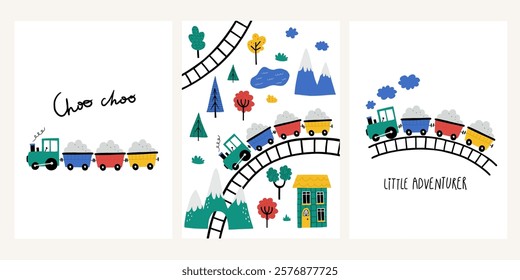 Set of cute cartoon baby boy posters with toy railway track model, kids train locomotive in cartoon style. Adorable childish steam train, hand drawn lettering.  For t-shirts, greeting card, wall art