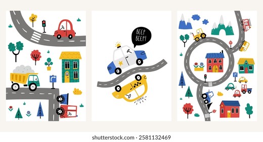 Set of cute cartoon baby boy posters with tractor, police car, taxi, house, excavator in cartoon style. Adorable childish transport, little town map. Print for wall decor in children's bedroom