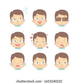 Set of cute cartoon baby with different funny emotions in flat design cartoon character. Cute children with thinking, joy, business, anger, in love, sick, crying and disgusted face.
