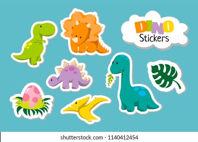 Set of cute cartoon baby dinosaur icon set - tyrannosaurus, triceratops, pterodactylus, stegosaurus, diplodocus, egg, monstera leaf. For logo, poster, banner. For historic event, dino party invitation