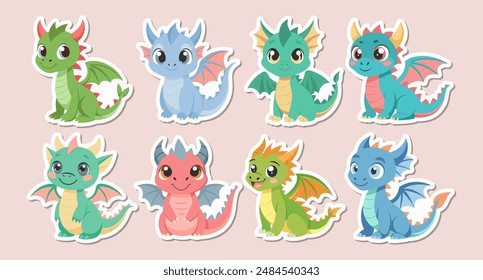 Set of cute cartoon baby dragons. Little dragons or cute dinosaur characters. Fairytale monsters. Stickers, icons, print