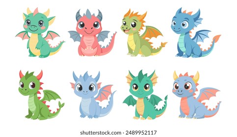 Set of cute cartoon baby dragons. Little dragons or cute dinosaur characters. Fairytale monsters. Stickers, icons, print